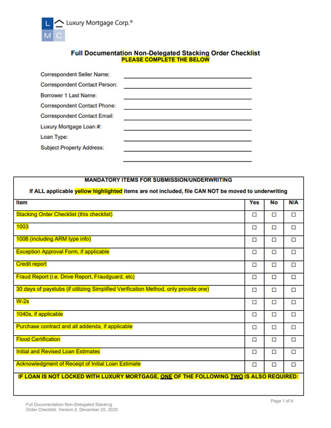 CORR Full Documentation Non-Delegated Stacking Order Checklist