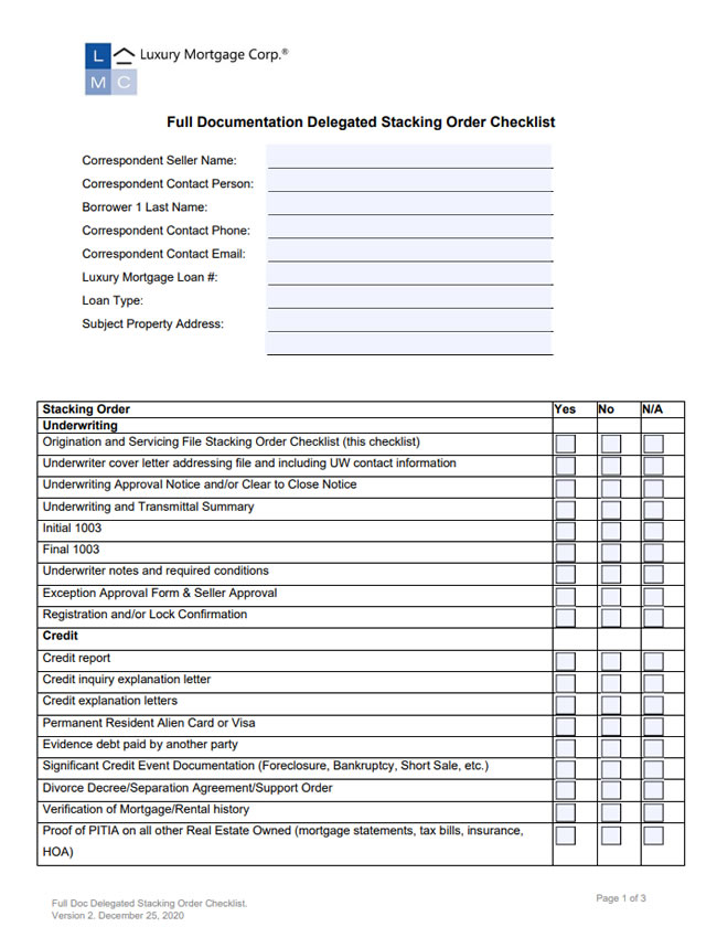Full Doc Delegated Stacking Order Checklist
