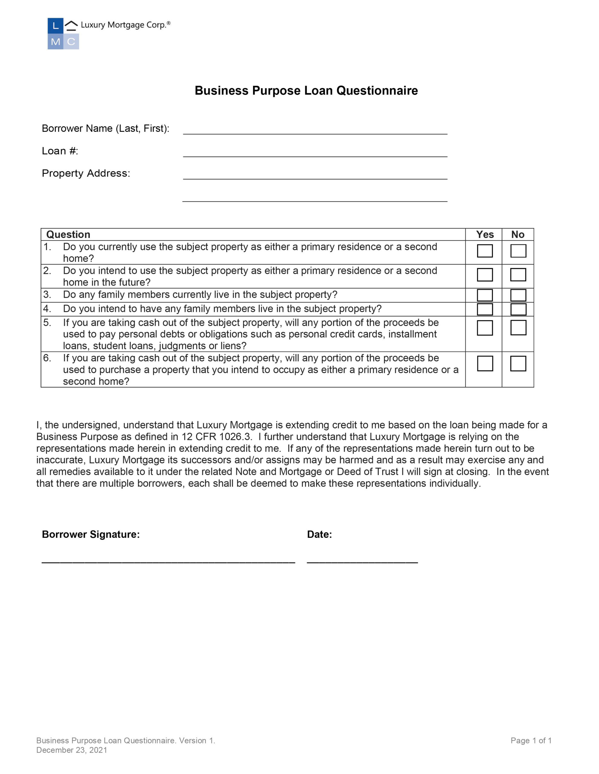 Business Plan Purpose Questionnaire Screenshot